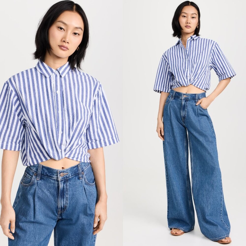 Stateside Blue and White Tie Front Crop Top